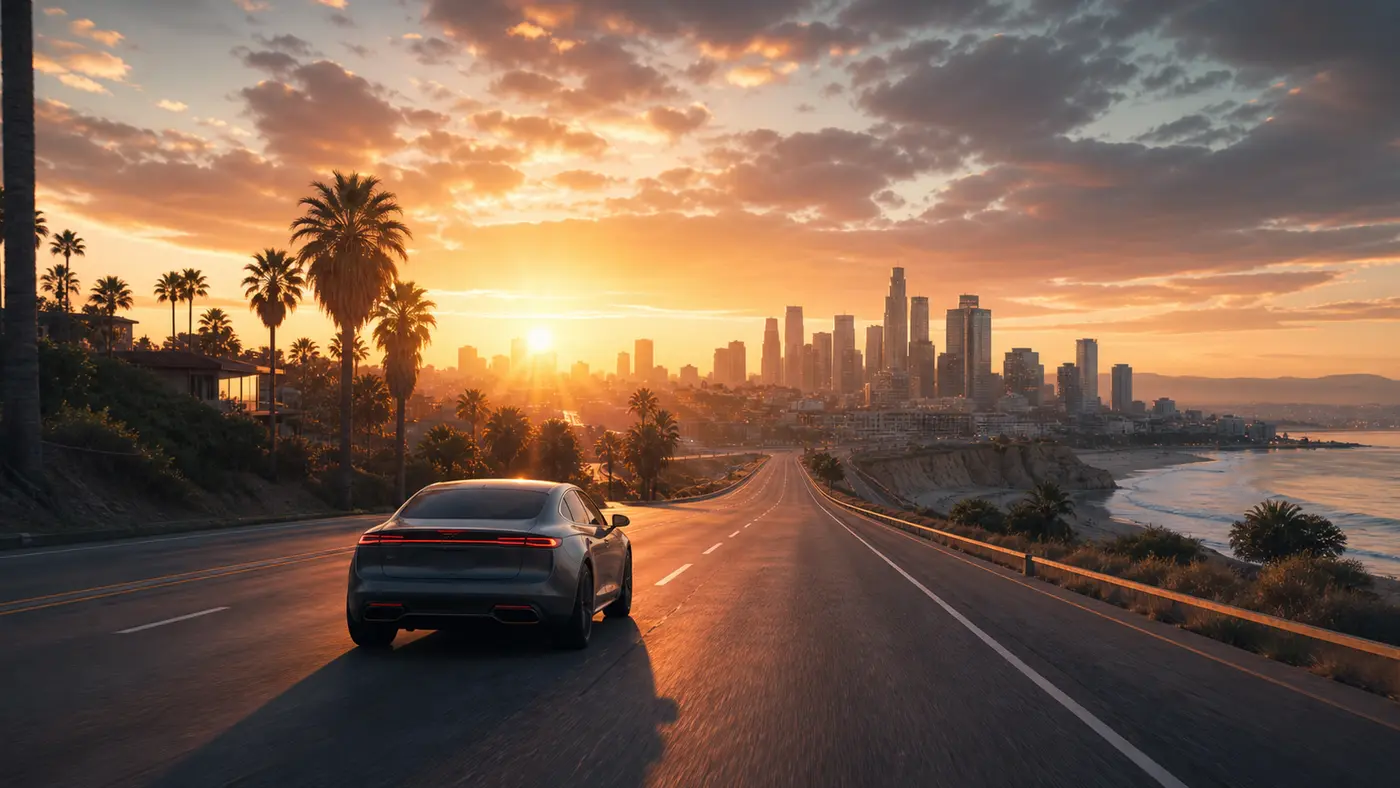 GTA-style illustration: a lone car driving down a coastal highway at dawn toward a city skyline, warm sunrise light, palm trees lining the road, the feeling of setting out for a new home