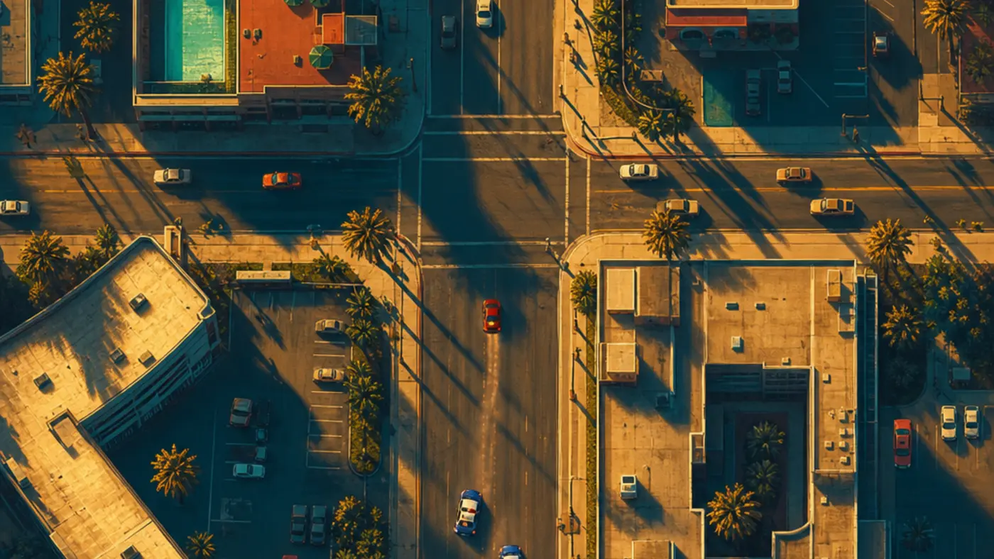 A stylized aerial view of an urban neighborhood at sunset, cars driving on a grid of streets, one car fleeing two police vehicles casting long shadows