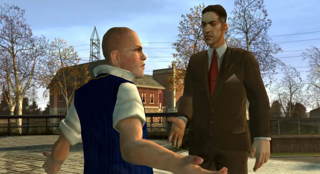 Jimmy in his Bullworth uniform, striped blue vest over a white shirt, facing an adult man in a brown suit and red tie on a street lined with autumn trees, a confrontation scene