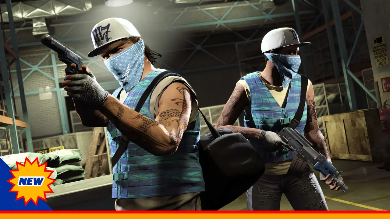 Two GTA Online players in blue bandana masks and armed with a silenced pistol and a rifle, inside a warehouse under a sign warning of a video-surveillance area