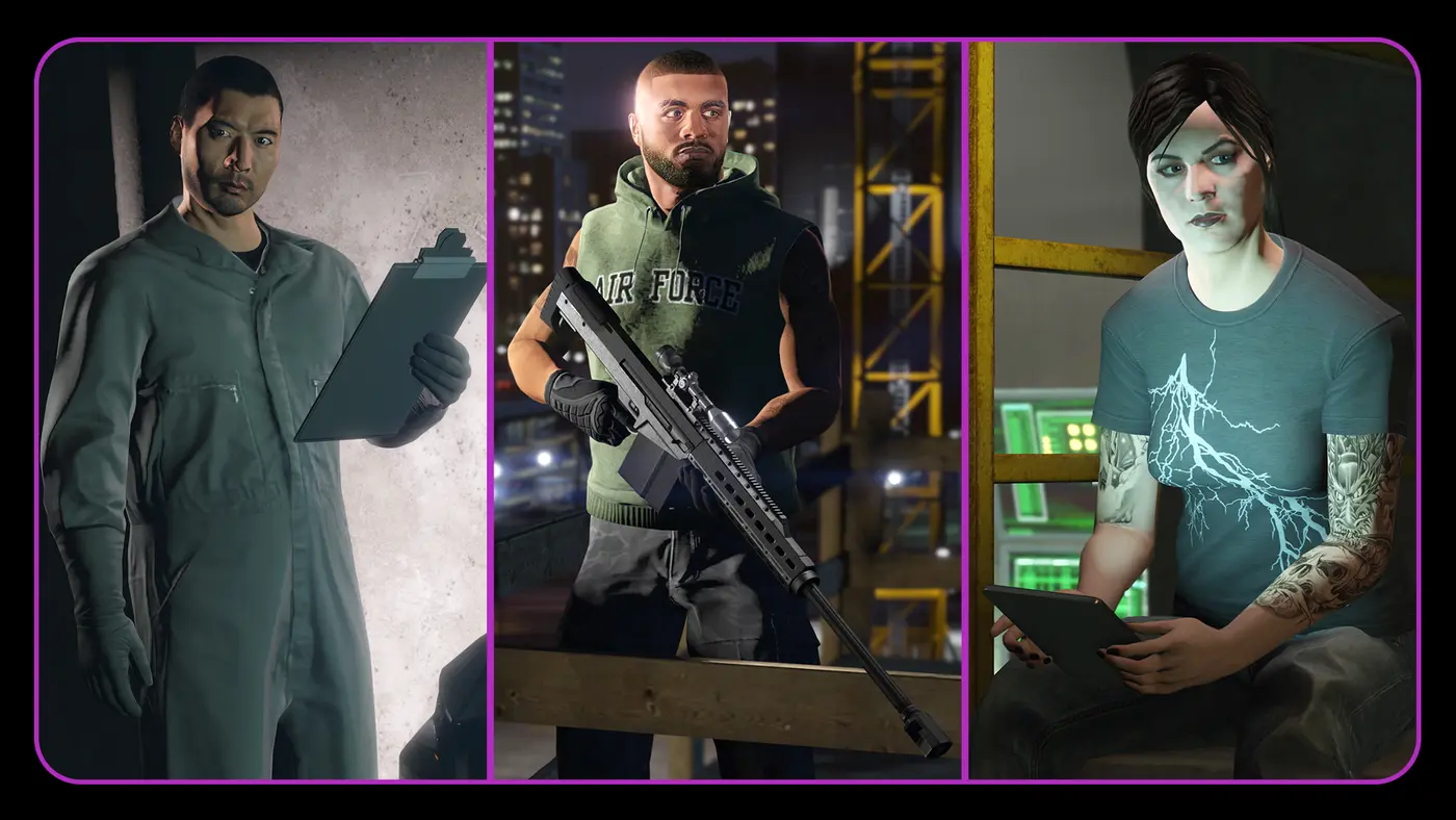 A triptych of three GTA Online support crew members: a man in coveralls with a clipboard, a sniper with a precision rifle on a rooftop at night, a female hacker seated with a tablet in front of screens