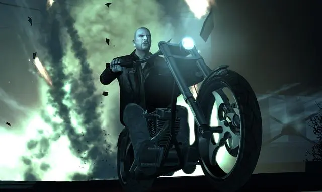 Johnny Klebitz, short hair and a beard, riding his chopper in front of an explosion and a whirlwind of debris in a The Lost and Damned mission