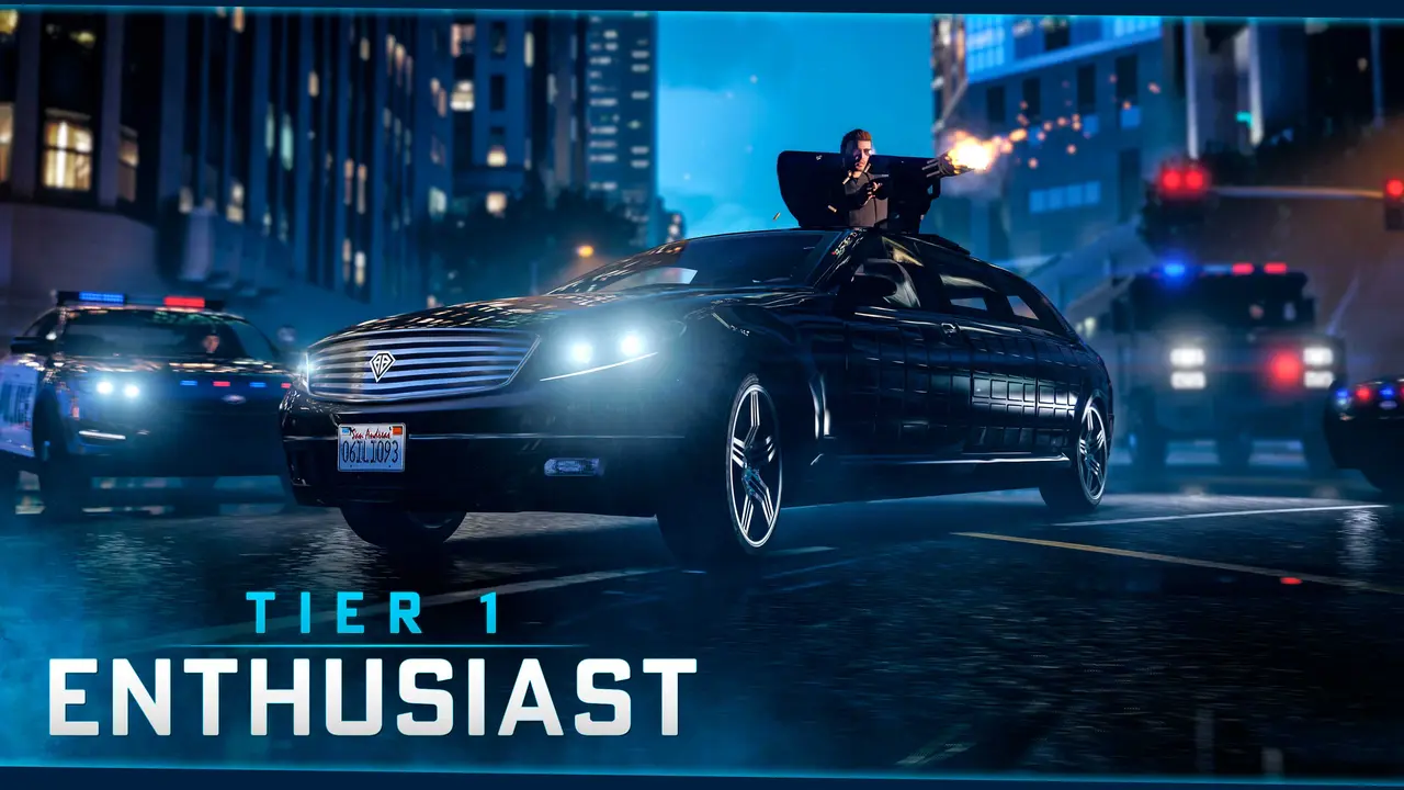 Official GTA Online artwork for the Enthusiast tier: a black armored Benefactor Turreted Limo in a nighttime chase, a character firing the roof minigun, pursued by police cars