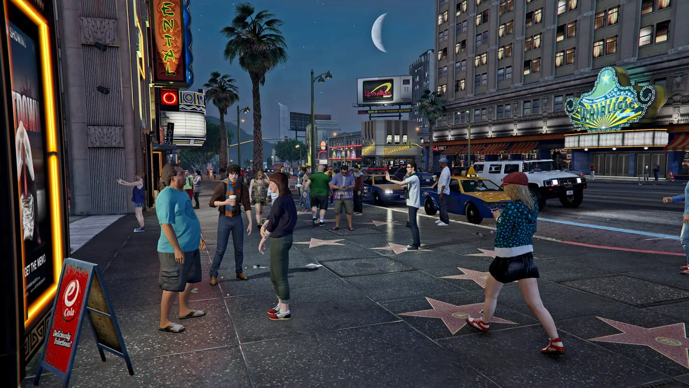 Nighttime crowd on Vinewood Boulevard in GTA 5, neon lights and palm trees