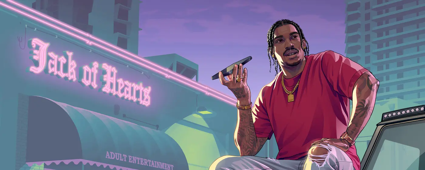 Boobie Ike, a Leonida mogul in GTA 6, posing with sunglasses and gold chains against a neon backdrop