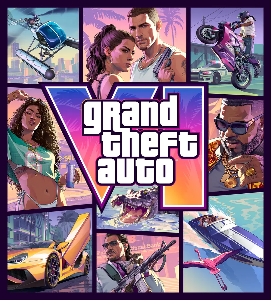 Official vertical GTA 6 cover art: collage of Leonida characters and scenes around the VI logo and the Grand Theft Auto lettering