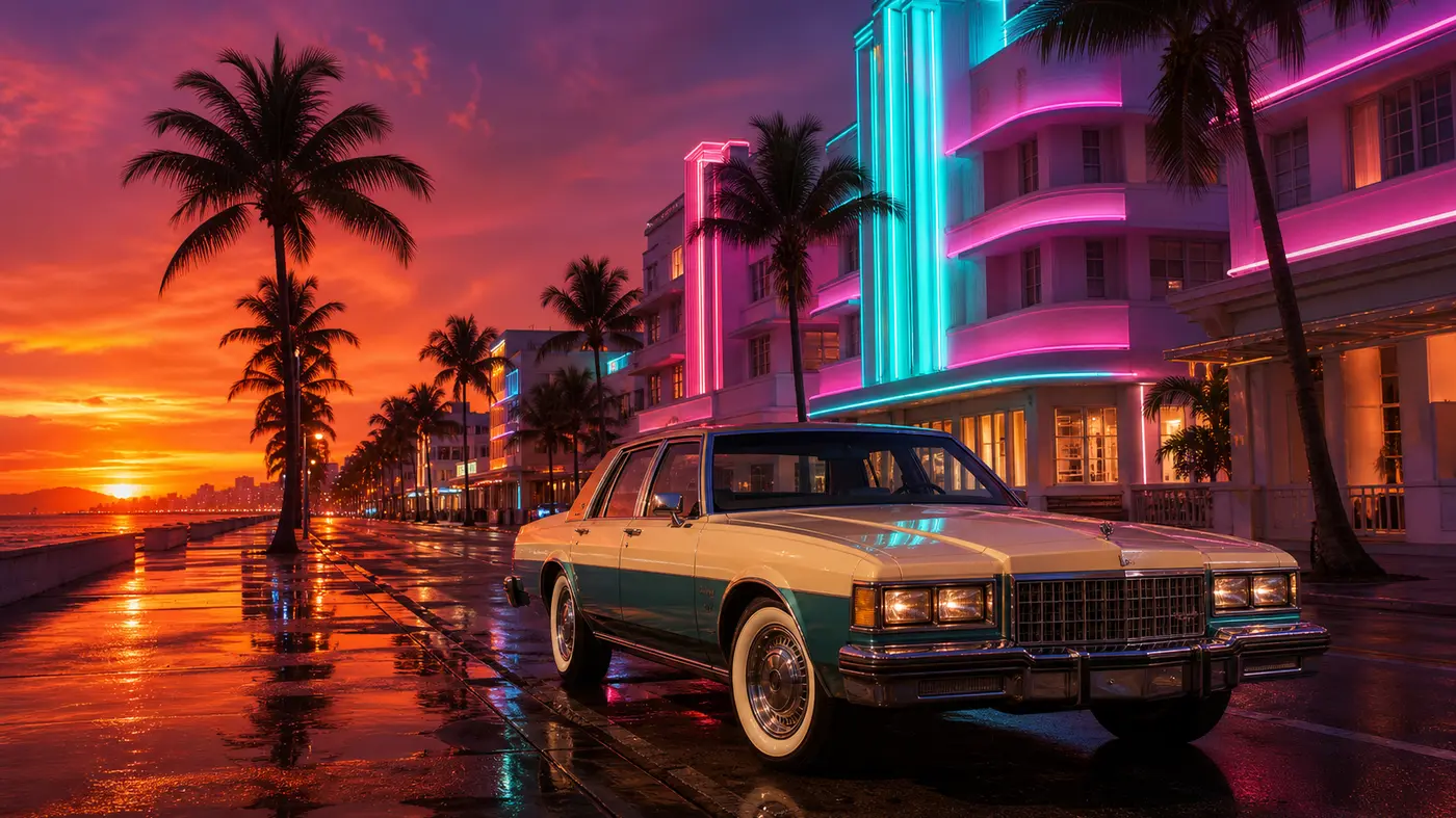 Classic two-tone American sedan in cream and turquoise, chrome wheels with whitewall tires, parked along a Vice City avenue at dusk, in front of Art Deco facades bathed in pink and turquoise neon, palm trees silhouetted against an orange and purple sky, wet asphalt reflecting the lights