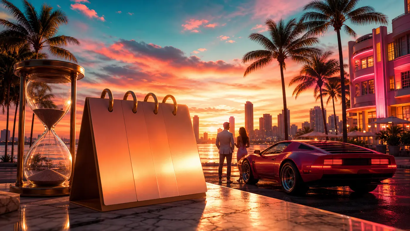 Neon sunset over a Vice City skyline, with stylized palm trees, an hourglass, and a calendar in the foreground, evoking the countdown to the GTA VI release