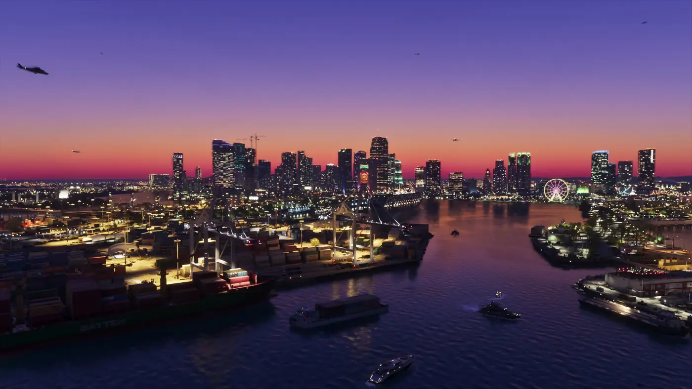 Aerial view of Vice City at dusk, glowing skyline, container port and Ferris wheel along the bay, in GTA 6