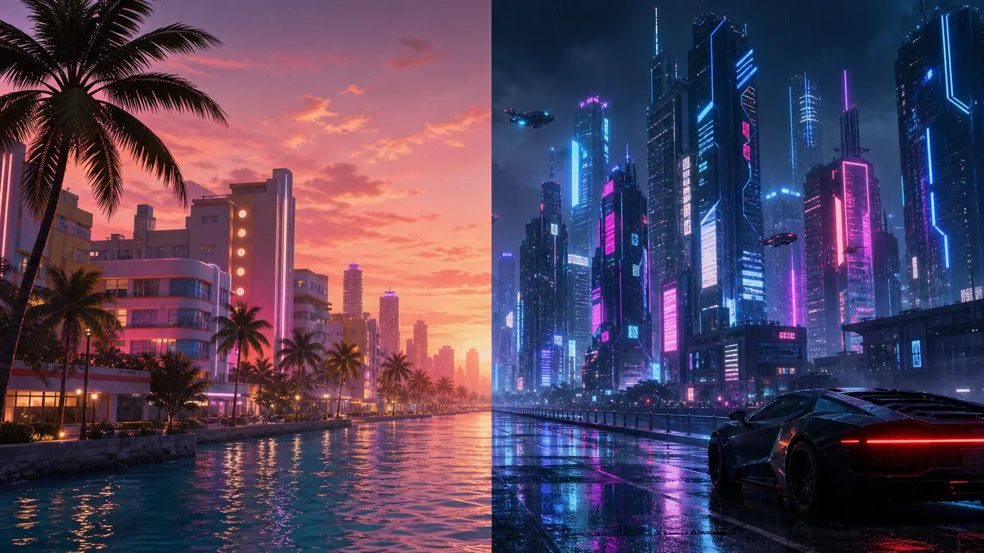 A split image with two moods: on the left, a Vice City waterfront at sunset with palm trees and warm pastel neon in the style of GTA VI; on the right, a vertical nighttime megacity bathed in cold blue and purple neon, with rain and skyscrapers, evoking Cyberpunk 2077