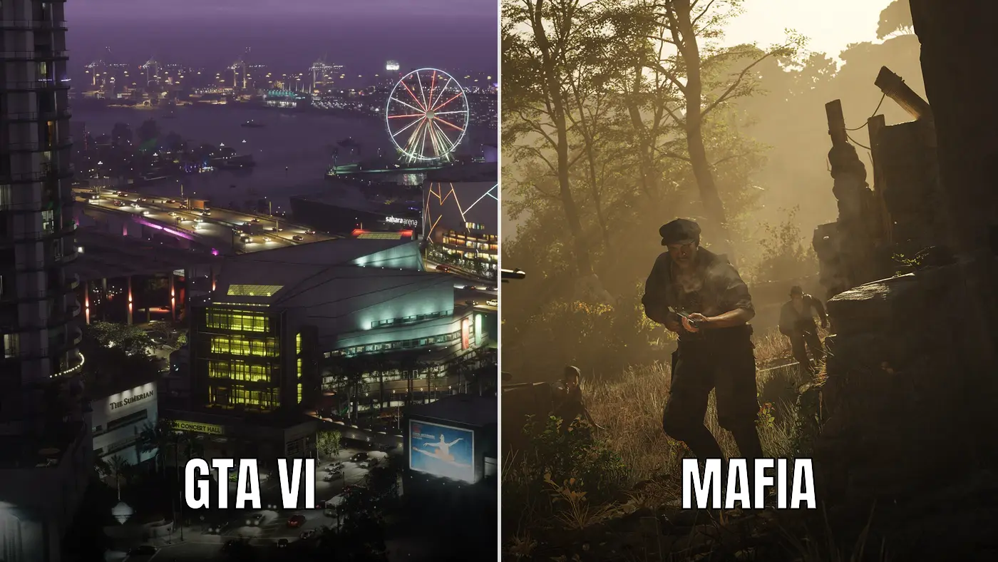 A split image: on the left, the nighttime Vice City metropolis in GTA 6, neon, a Ferris wheel and waterfront skyscrapers, under the GTA VI label; on the right, an armed man crosses a golden Sicilian countryside at sunset in Mafia: The Old Country, under the MAFIA label