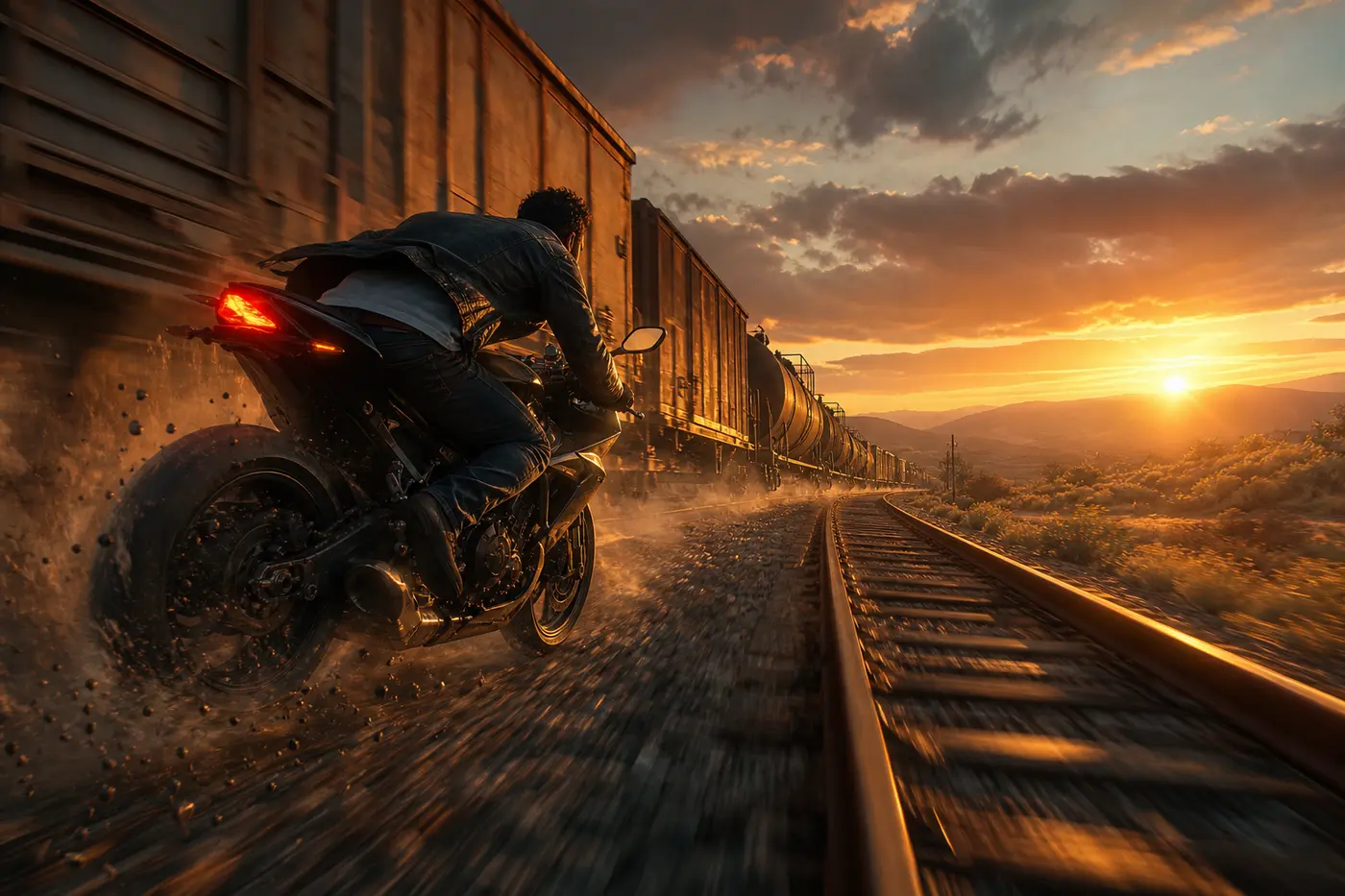 Cinematic Grand Theft Auto loading-screen-style illustration: a biker racing at full speed alongside a railroad track chases a long freight train through arid hills at sunset