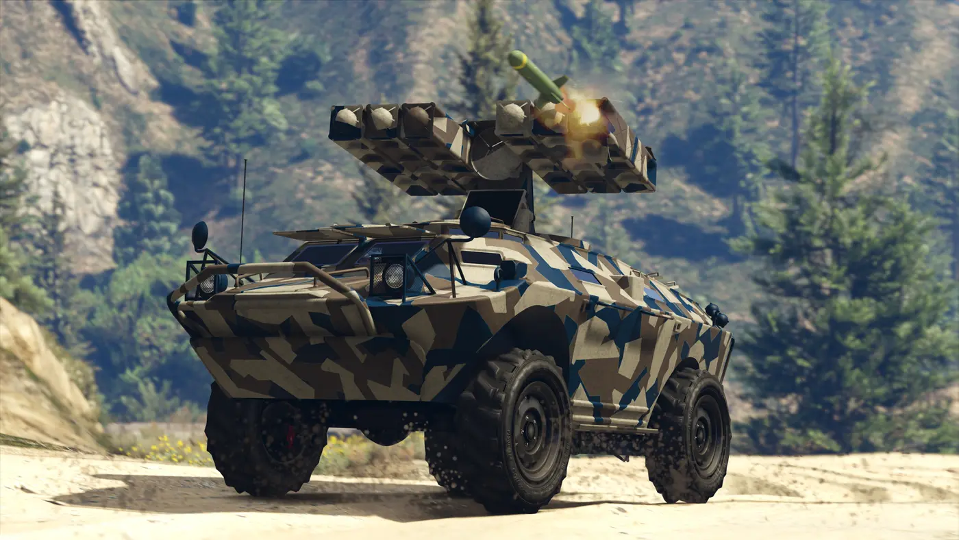 Camouflaged armored GTA Online vehicle firing a missile on a wooded mountain trail