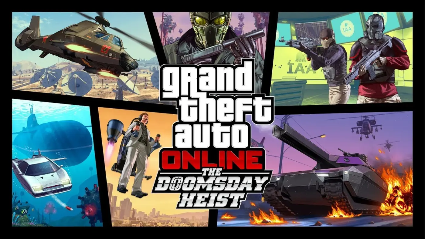Official Doomsday Heist montage: Akula stealth helicopter, agents in gas masks, submarine and Stromberg submarine car, a character on a jetpack above Los Santos, Khanjali tank amid explosions