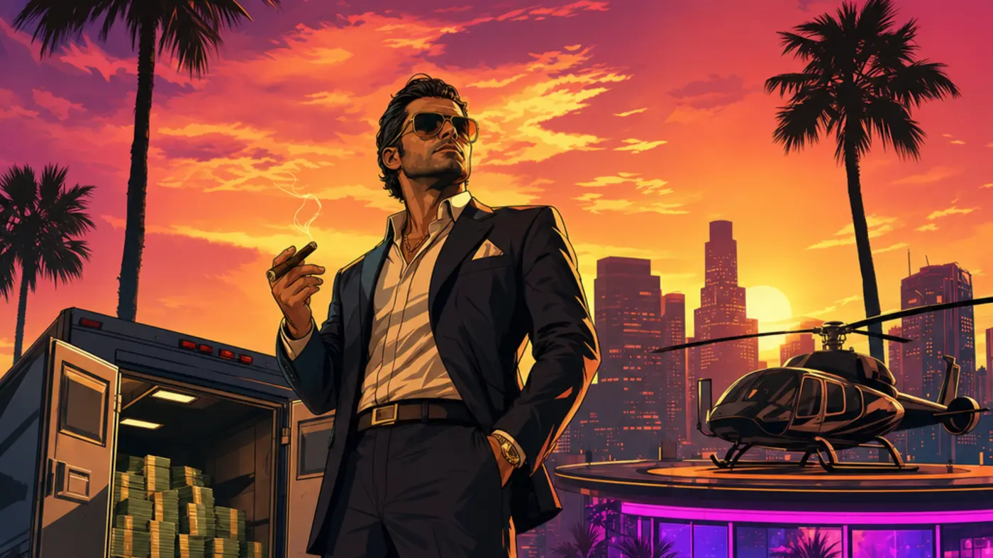 GTA cover-style illustration: a criminal businessman in a suit on a Los Santos rooftop at sunset, an open armored truck overflowing with stacks of cash, a black supercar and a private helicopter, nightclub neon in the distance