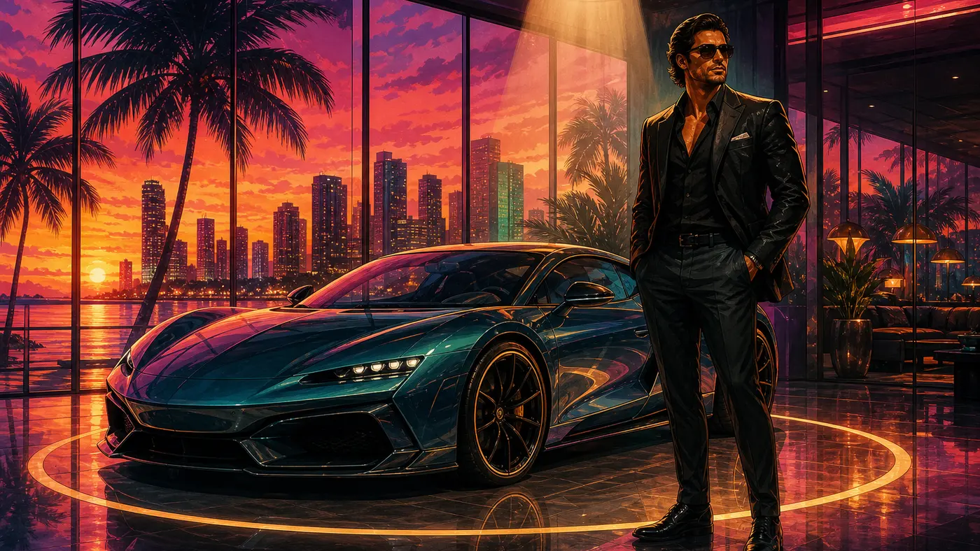 GTA box-art-style illustration: a man in a dark suit and sunglasses poses next to a luxury sports car under a spotlight in a private car club, floor-to-ceiling windows revealing the Los Santos skyline at sunset