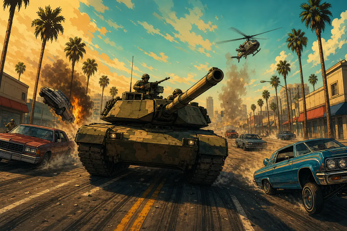 Military tank rolling down the middle of a sunny Los Santos boulevard, palm trees and 1990s cars, California vibe in the style of GTA San Andreas, illustration