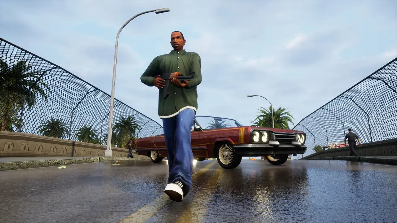 CJ-type character in a green shirt and jeans, submachine gun in hand, walking toward the camera on a fenced Los Santos bridge, maroon lowrider and palm trees in the background, rendered in the style of GTA San Andreas Definitive Edition
