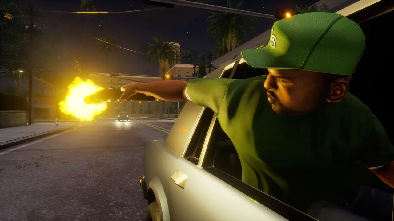Character in a green cap and T-shirt, in Grove Street Families colors, leaning out of a sedan window and firing a drive-by at night, muzzle flash visible on a Los Santos street, illustration in the style of GTA San Andreas