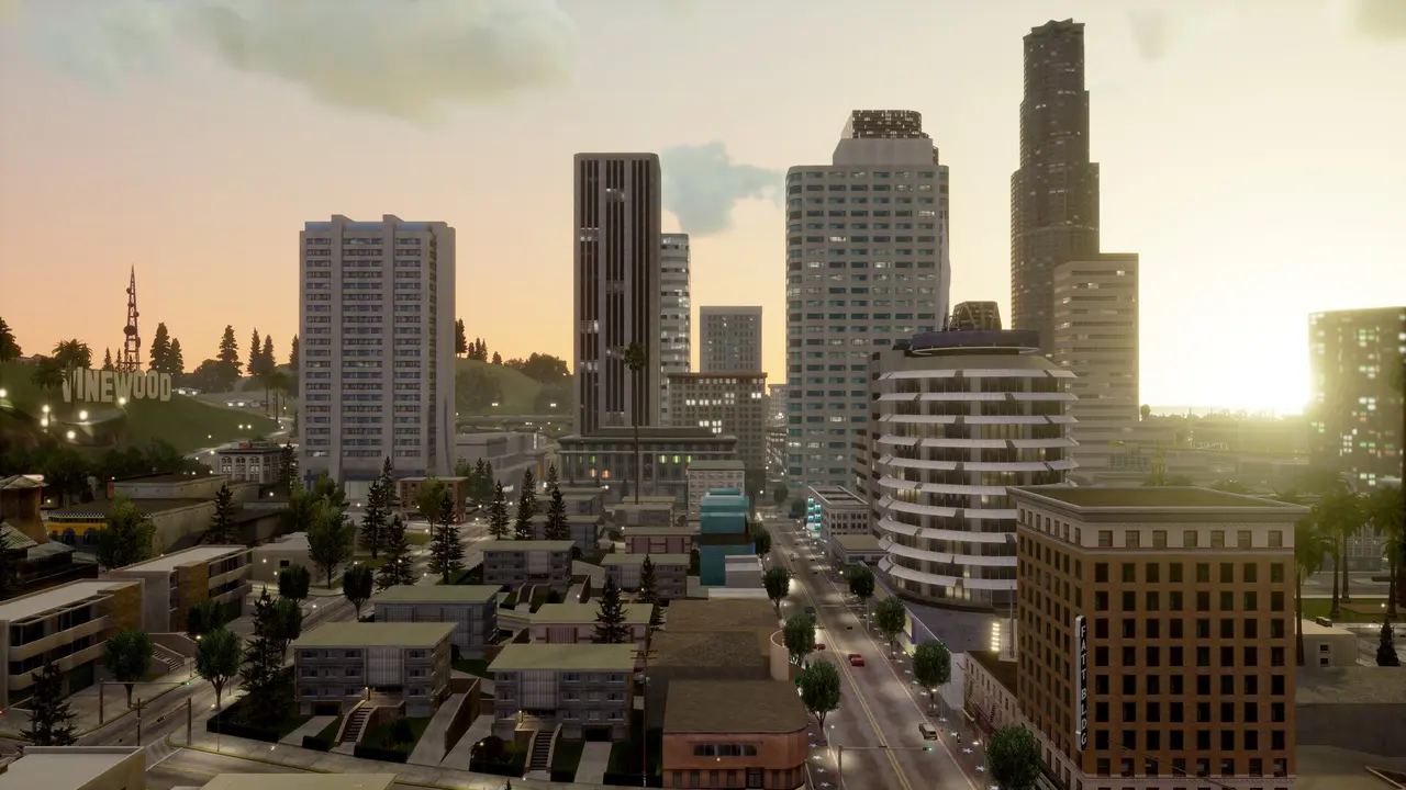 Panoramic view of the Los Santos skyline at sunset, Vinewood sign on the hills to the left, boulevards and palm trees, California vibe in the style of GTA San Andreas, illustration