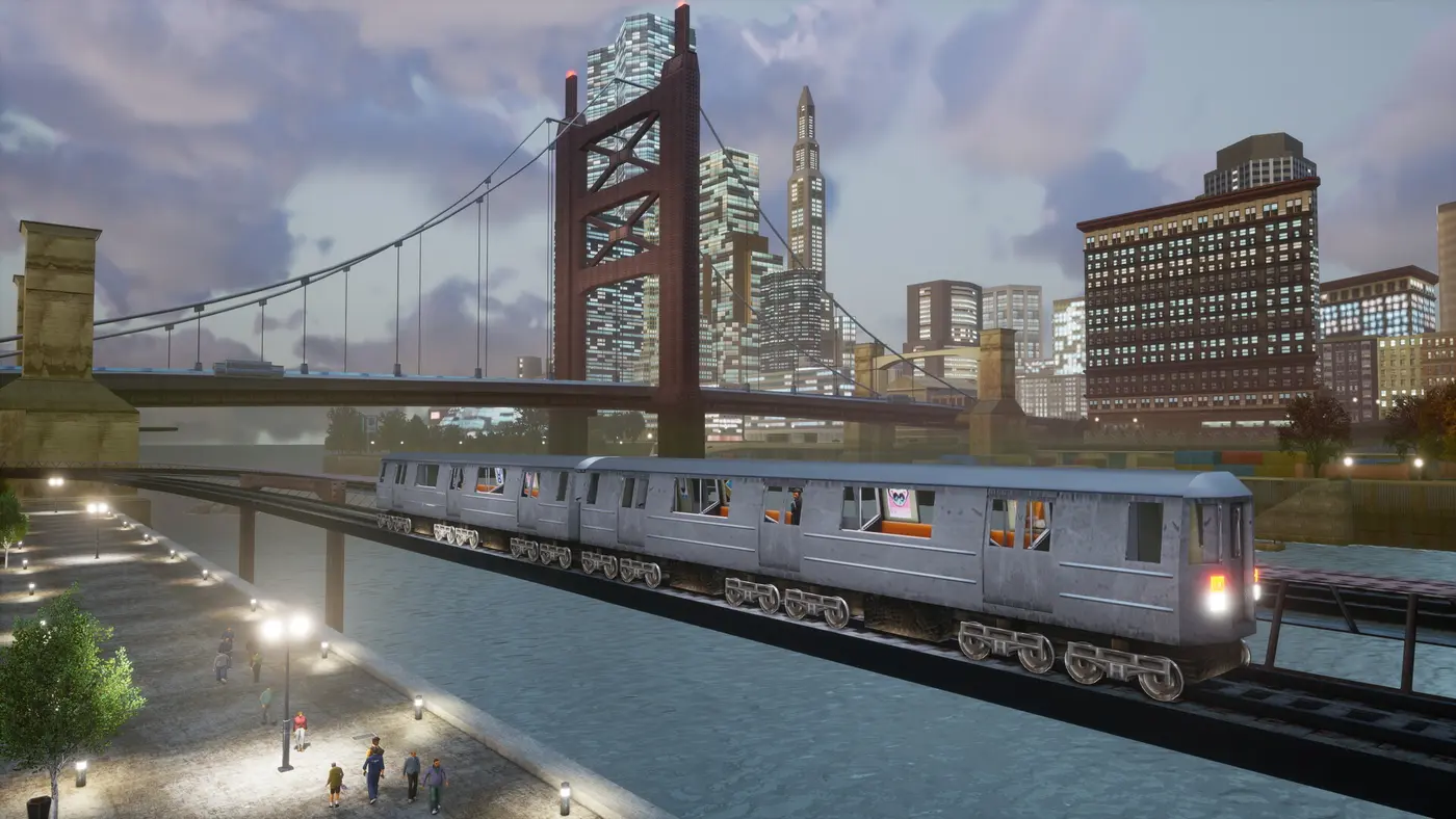 A silver elevated train crossing a red suspension bridge in front of the Liberty City skyline at dusk, a river and a waterfront walkway in the foreground, in GTA 3