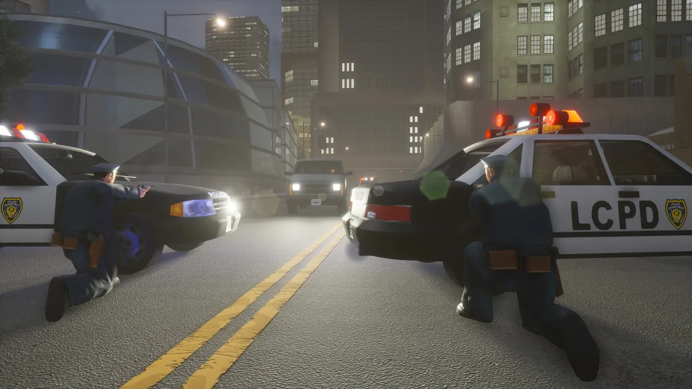 Shootout on a Liberty City street, two police cars marked LCPD and officers taking cover, skyscrapers in the background, in GTA 3