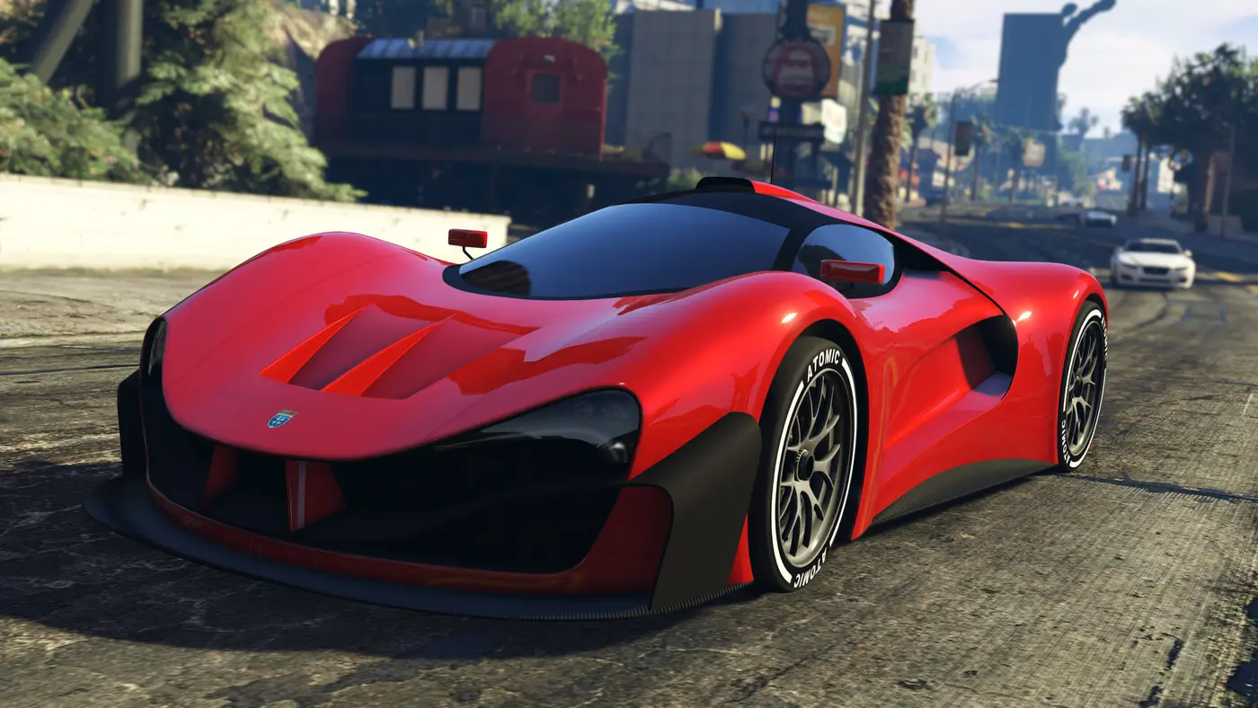 A red supercar parked on a sunny Los Santos street in GTA 5, palm trees and neighborhood buildings in the background
