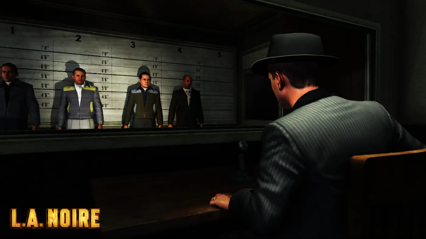 A police lineup in L.A. Noire: four suspects lined up against a height chart, watched by a detective from behind through a one-way mirror.