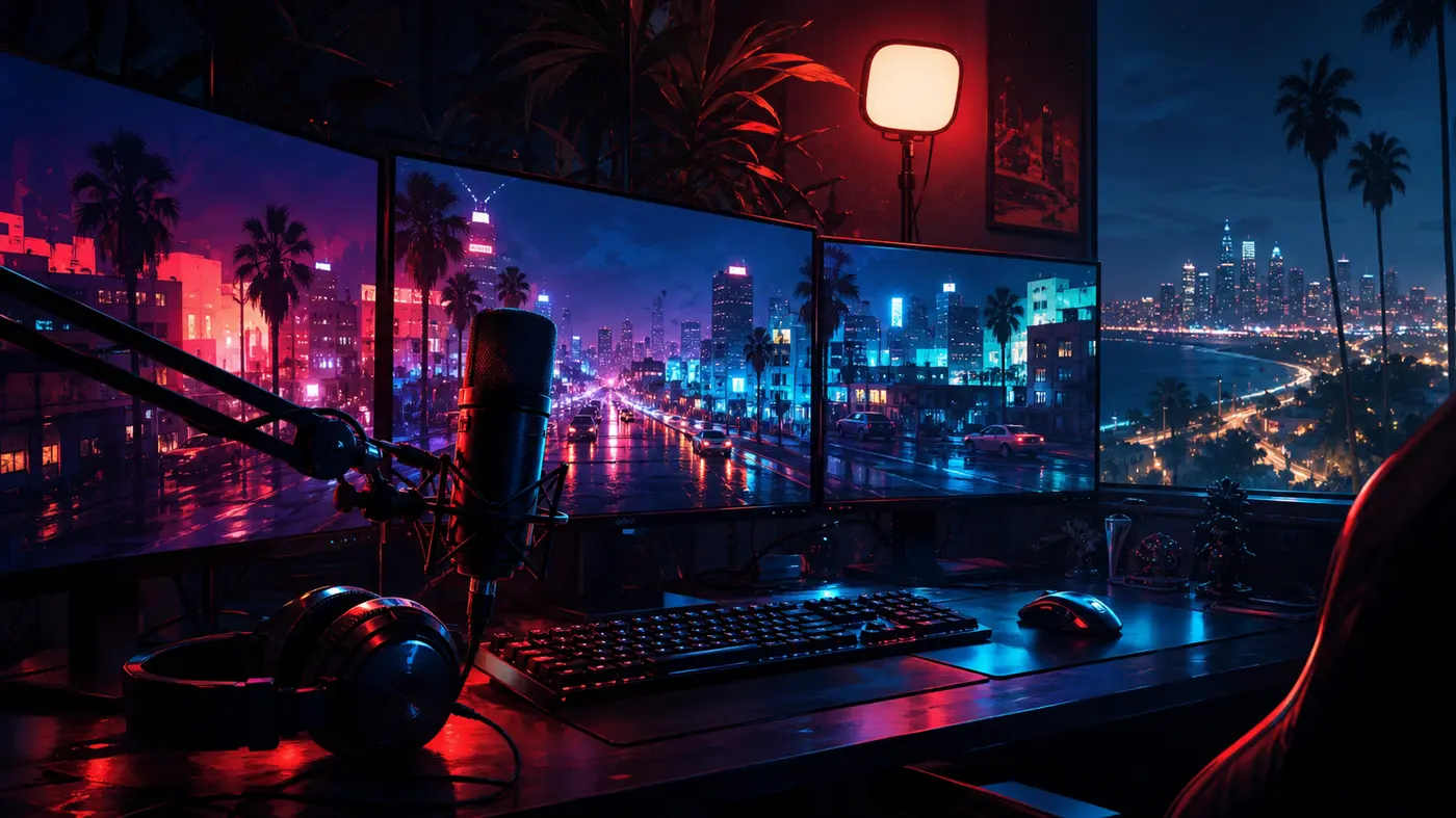 Illustration: a streamer's setup bathed in low light, several screens showing a Los Santos-style night city, a mic on a boom arm, red and blue RGB lighting, a late-night live vibe