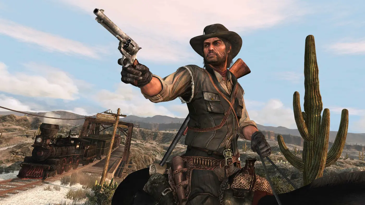 John Marston on horseback, revolver drawn, in front of a stopped train and a cactus, in an arid landscape of Red Dead Redemption