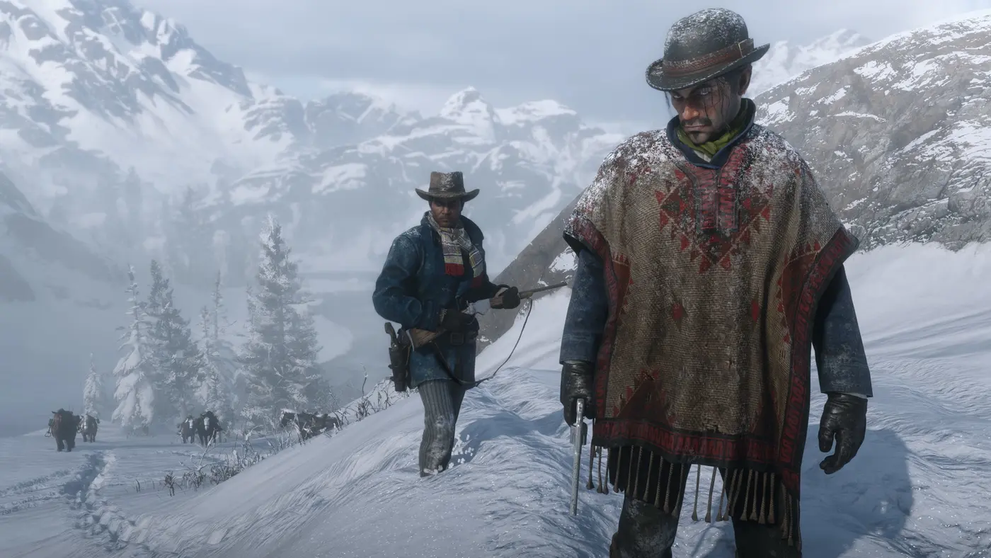 Official Red Dead Redemption 2 screenshot: two men make their way through the snowy mountains, snow and frost clinging to their poncho and hat, footprints in the powder