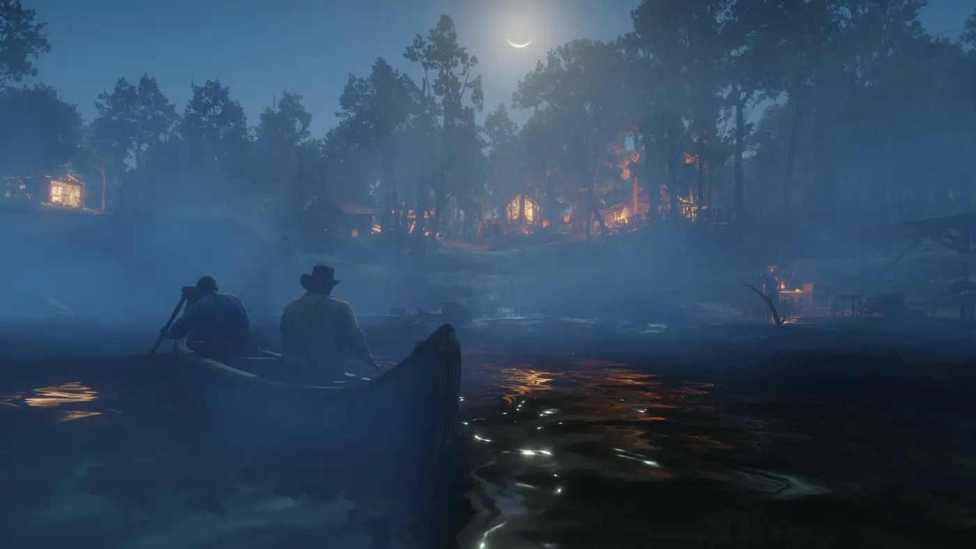 Misty bayou at night in Red Dead Redemption 2: two men in a canoe, one in a hat paddling, under a crescent moon, a camp lit by orange lanterns in the distance between the trees