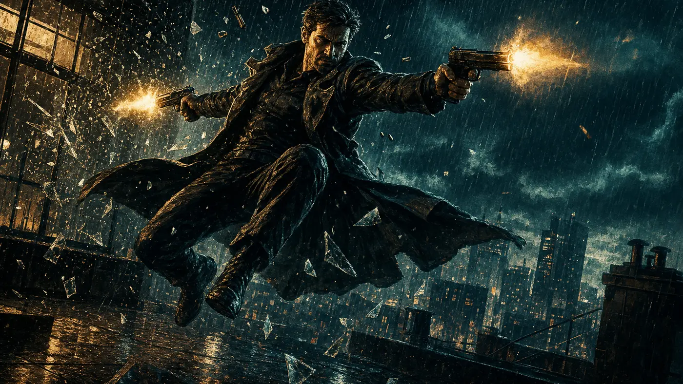 Neon-noir illustration: an antihero in a trench coat mid bullet-time leap, firing two pistols in the rain, glass shards and muzzle flashes in slow motion, rooftop at night, amber and cyan lights