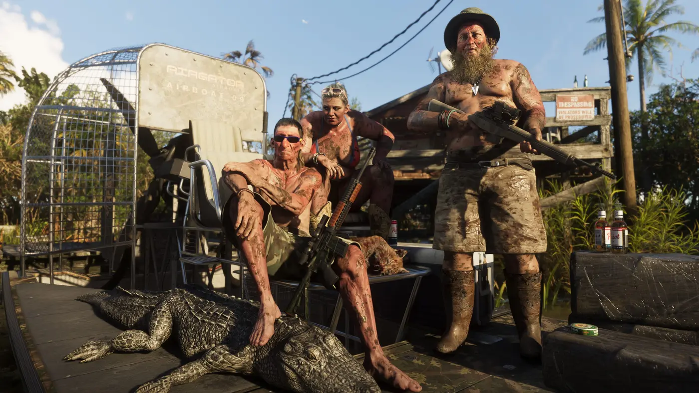 Three mud-covered swamp dwellers posing with rifles in front of an airboat in GTA VI, an alligator stretched out in the foreground