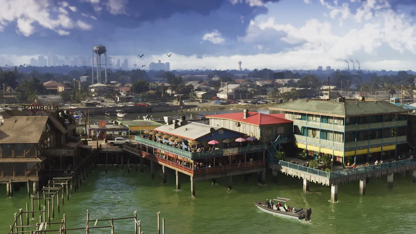 The Grassrivers village in GTA VI, buildings and a restaurant on stilts above green water, a small boat, a distant skyline drowned in haze