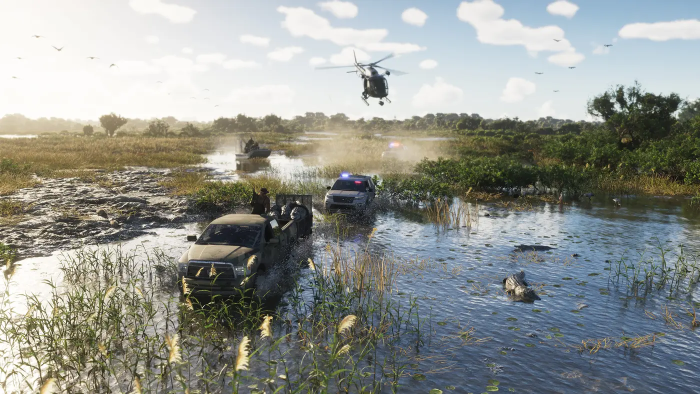 Chase through the Grassrivers swamps in GTA VI: a black helicopter flies over 4x4s and an airboat speeding through shallow water amid tall grass