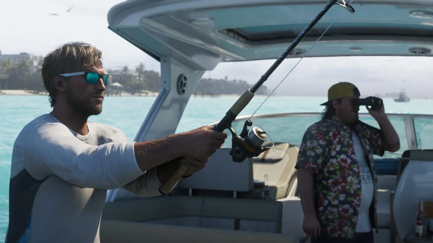 Jason Duval, blond hair and mirrored sunglasses, a fishing rod in hand on a boat off the coast of Leonida, a buddy watching through binoculars behind him in GTA VI
