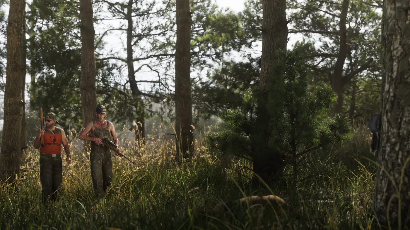 Two hunters walking with rifles in hand through a sunlit pine forest in Mount Kalaga in GTA VI, one in an orange tank top, the other in camo overalls, tall grass and light filtering through the trees