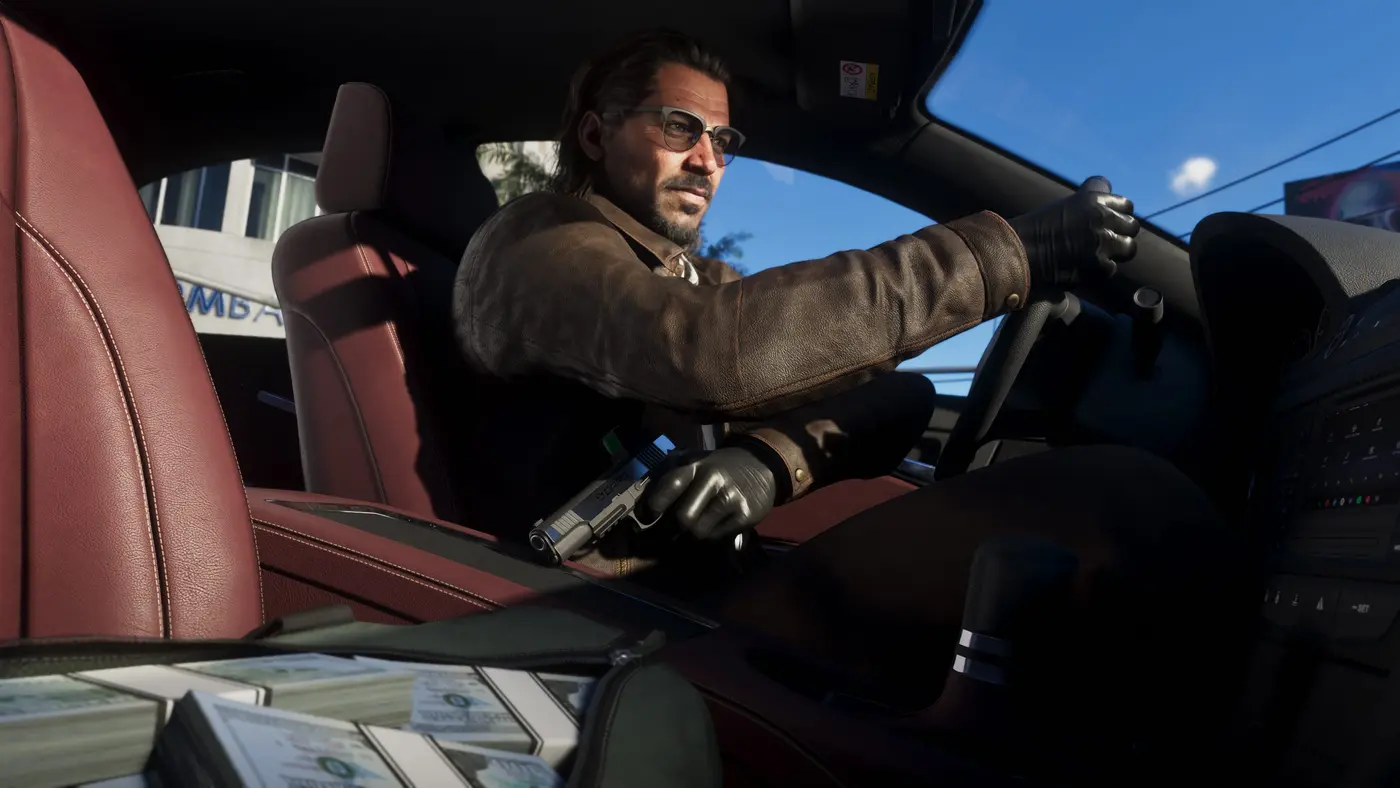 A man at the wheel of a car in broad daylight in GTA VI, a pistol resting on the gear shift and stacks of cash on the passenger seat, eyes tense on the road