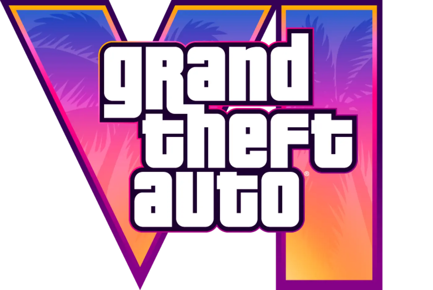 The official GTA VI logo: the Roman numeral VI filled with a pink and orange sunset gradient and palm trees, topped by the Grand Theft Auto wordmark