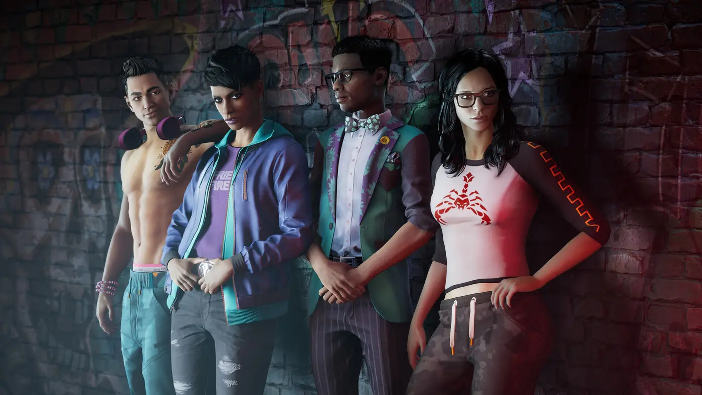 The four protagonists of the 2022 Saints Row reboot leaning against a colorful graffiti wall, in pastel streetwear, lit in pink and blue, in a deliberately offbeat style