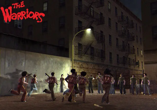 Nighttime gang fight on a Bronx street, Warriors members in red vests taking on a rival crew under a streetlight, fire-escape tenement buildings in the background, official screenshot from the game The Warriors